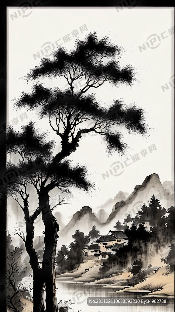 老树 村落 远山 河 马 水墨