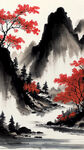 江水，山，红叶，水墨，中国画