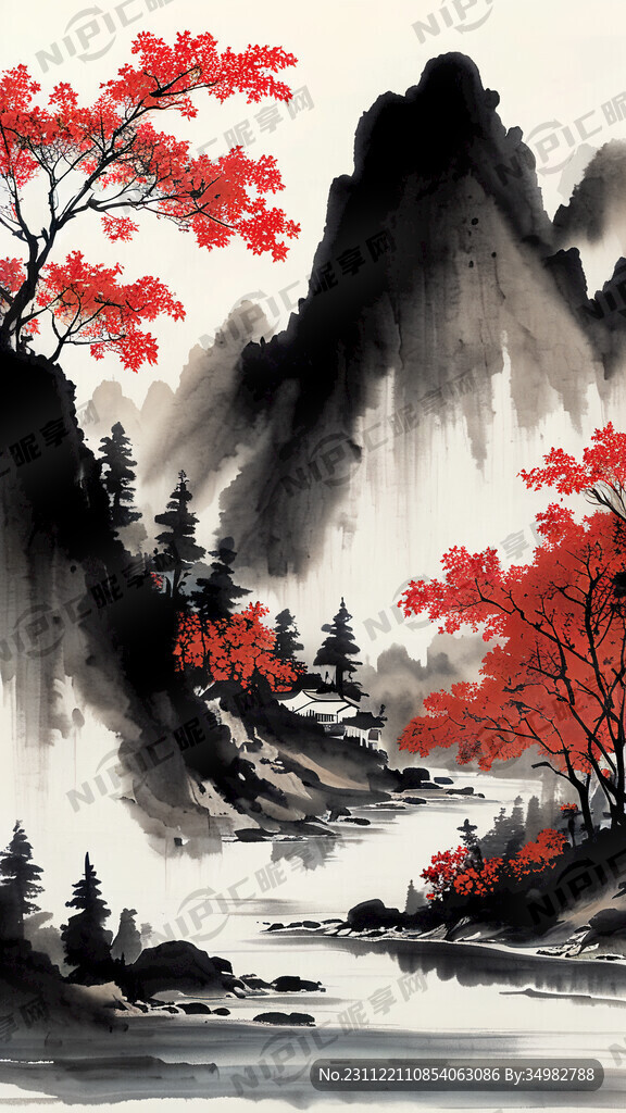 江水 山 红叶 水墨 中国画