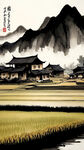稻田，村落，远山，水墨，中国画