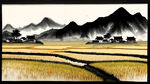 稻田，村，远山，水墨，中国画