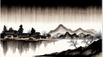 池塘，村，远山，水墨，中国画