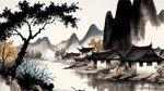 池塘，村，远山，水墨，中国画