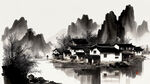 池塘，村，远山，水墨，中国画