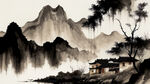 池塘，村，远山，水墨，中国画