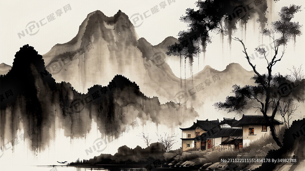 池塘 村 远山 水墨 中国画