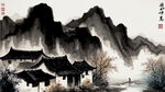 池塘，村，远山，水墨，中国画