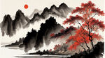江河，红叶，远山，水墨，中国画