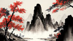 江河，红叶，远山，水墨，中国画
