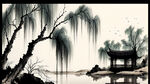 池塘，柳树，古建，水墨，中国画