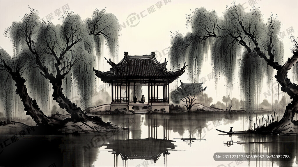 池塘 柳树 古建 水墨 中国画
