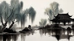 池塘，杨柳，古建，水墨，中国画