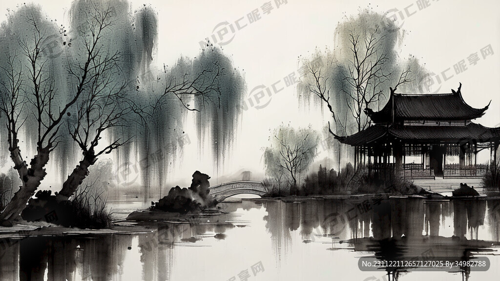 池塘 杨柳 古建 水墨 中国画