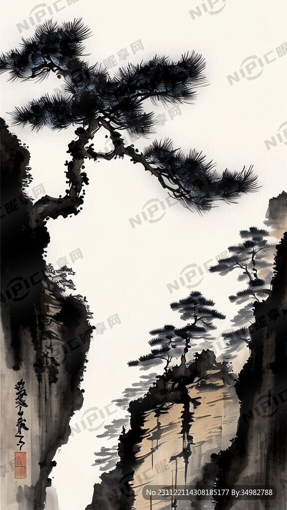 悬崖 松 水墨 中国画