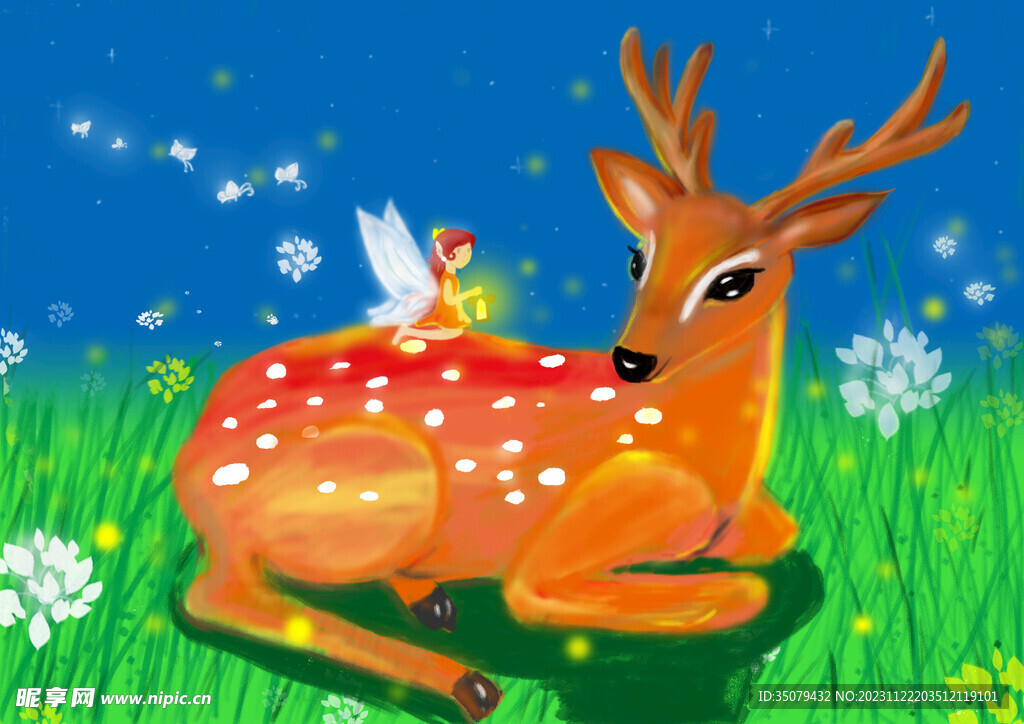 儿童插画精灵与鹿