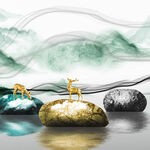 水墨湖畔麋鹿挂画装饰画