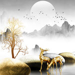 水墨麋鹿湖畔风景画挂画装饰画