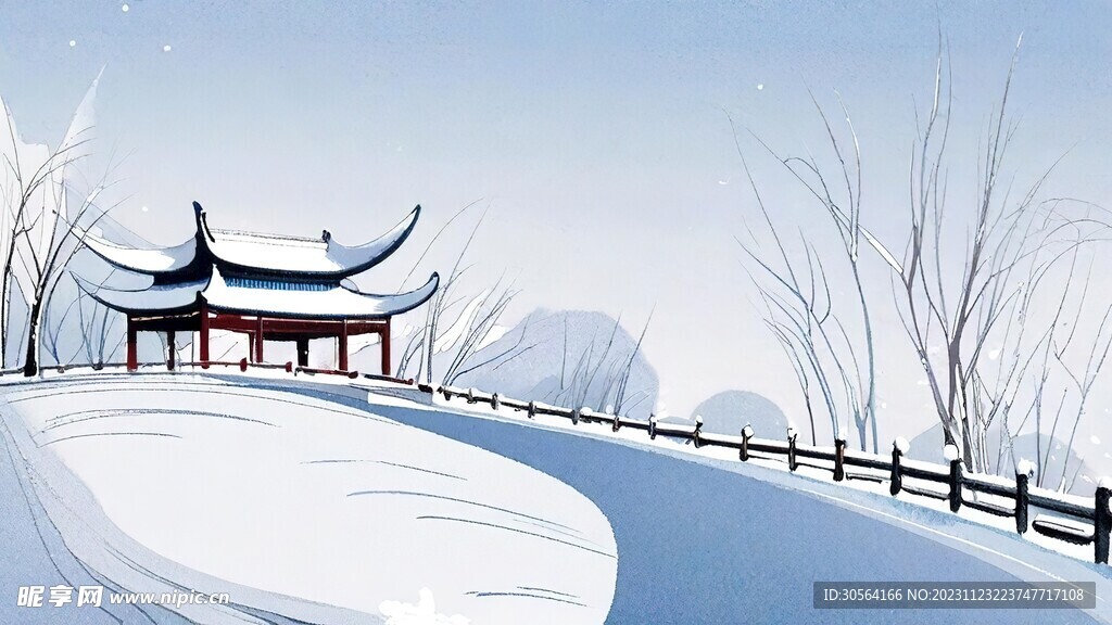 冬季雪景复古亭子