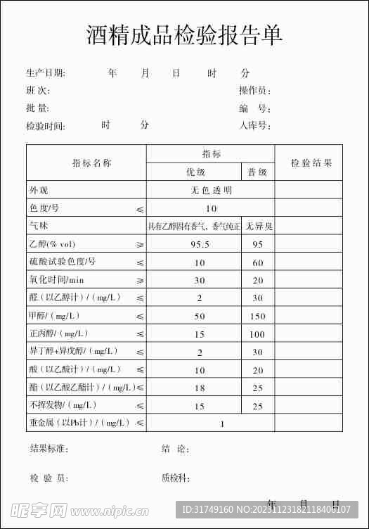 酒精成品检验报告单