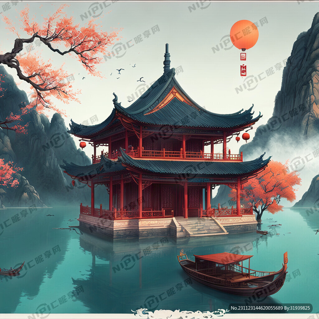 山水  船  塔  亭子