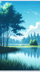 蓝色的天空，平静的湖水，绿葱葱的树木