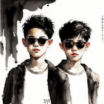 男孩 三个人组合  年轻 带眼镜 阳光  手绘画风 正脸显示全身 释放青春 色彩鲜艳