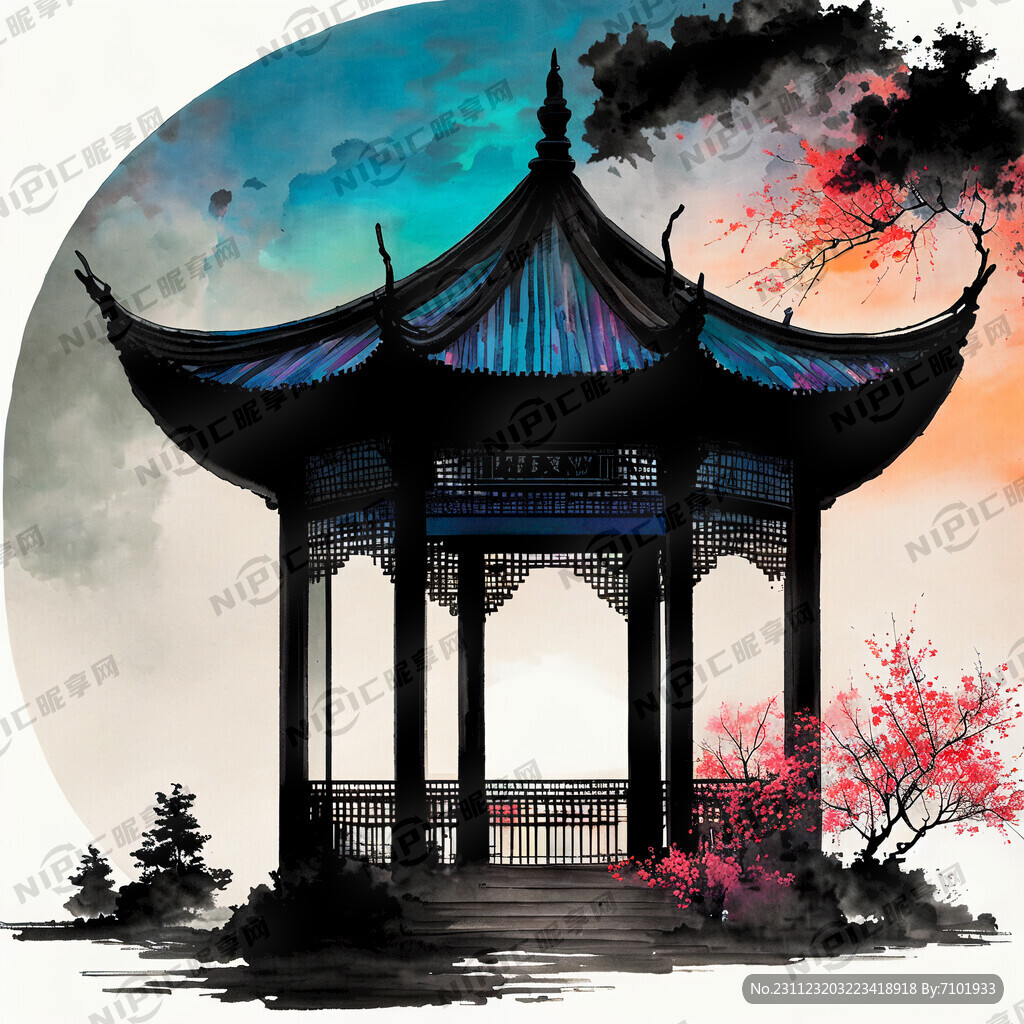 晚霞中的爱晚亭中国画