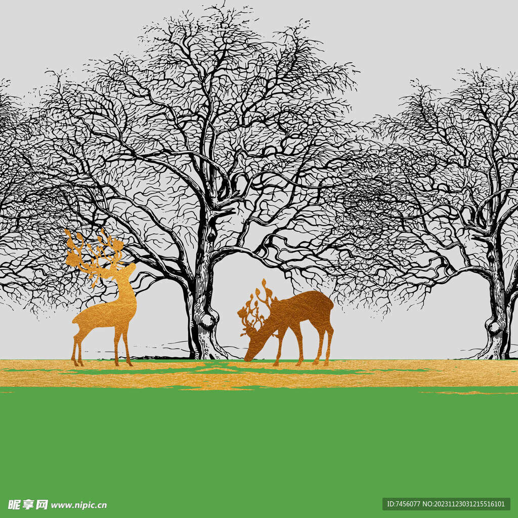 麋鹿大树简约挂画装饰画