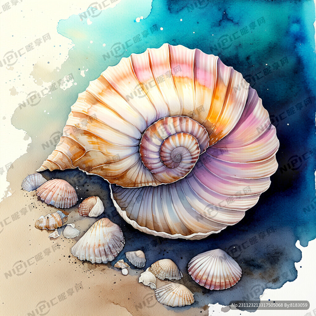 梦幻 贝壳 海滩 水彩画