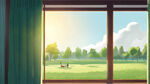 高层窗帘，阳光，俯视窗外，远处草地，公园，游人，
