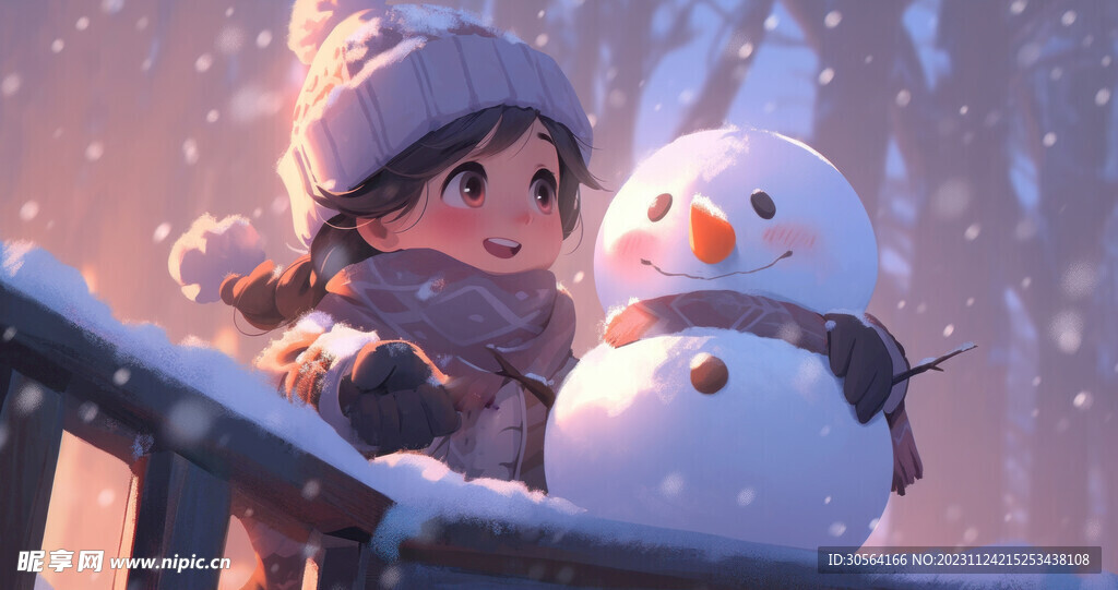 冬季少女雪人插画