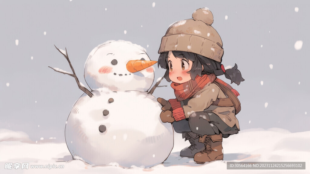 冬季少女雪人插画