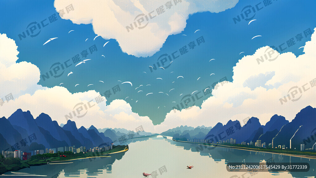长江 江面 鱼 蓝天白云