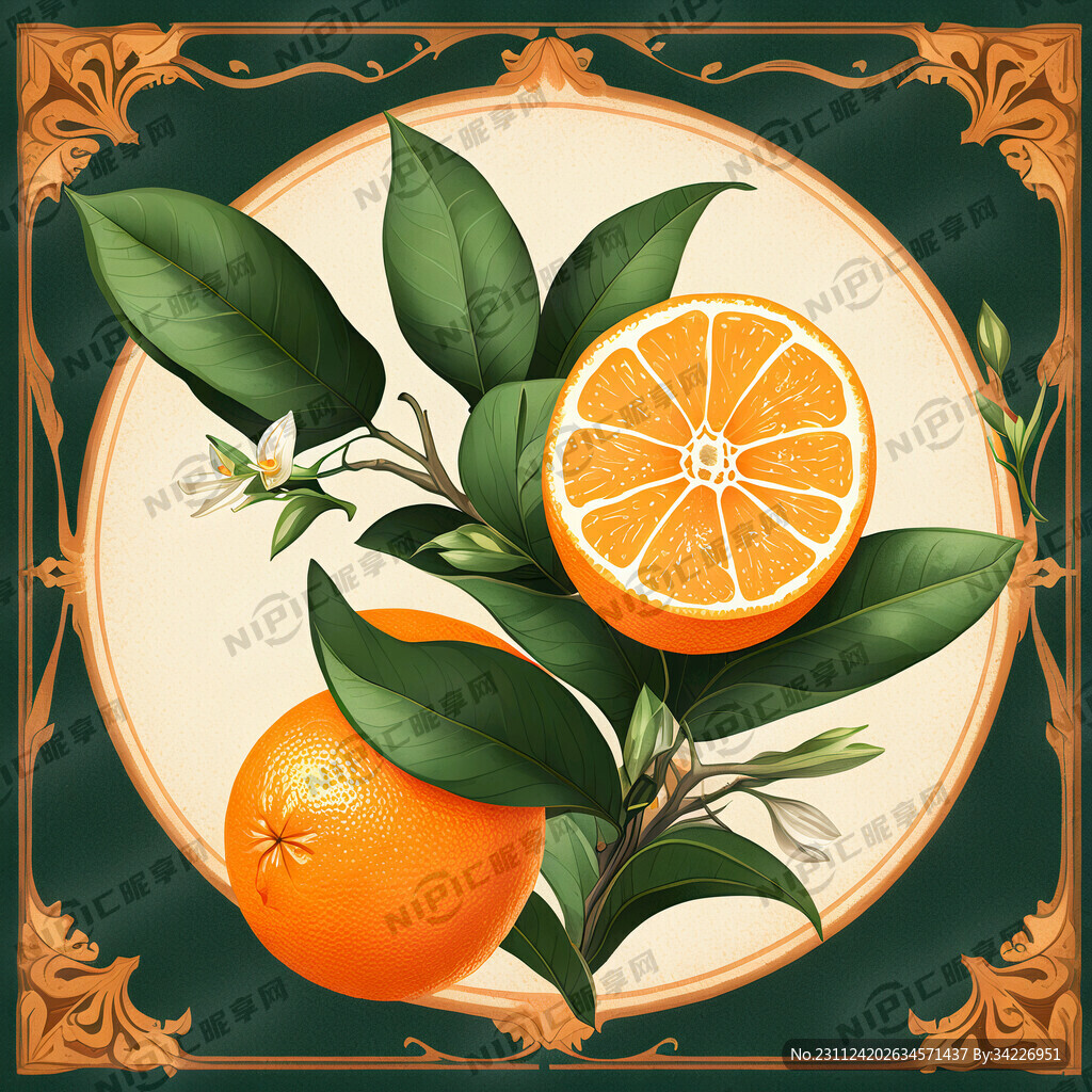 欧式插画耙耙柑带鲜花绿色