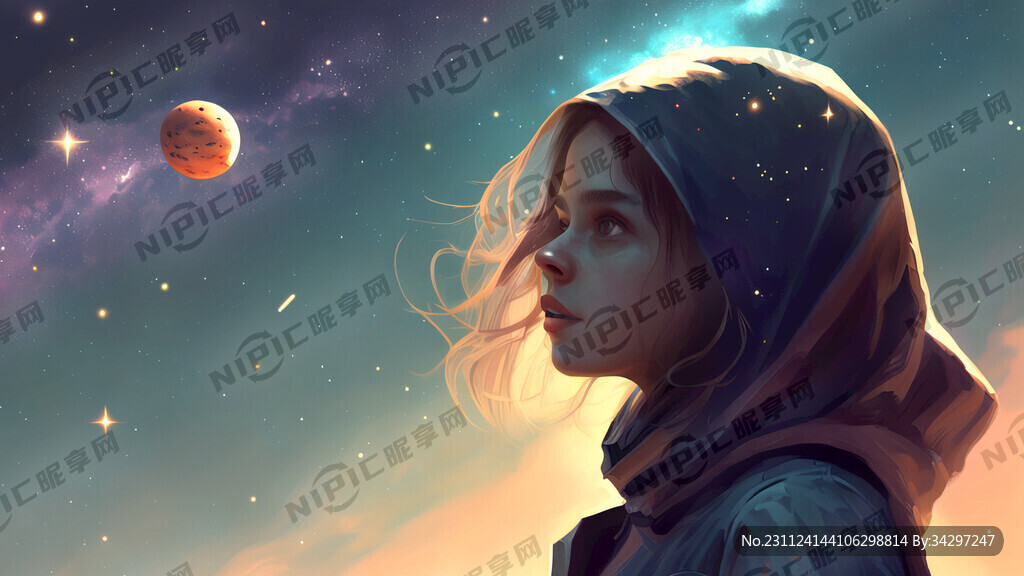 披头散发的女孩 外太空 捉星星