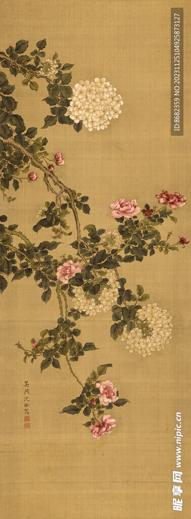 沈铨 花卉图_蔷薇绣球图