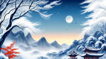 梦幻唯美新中式风景，超高清，细节刻画，飘雪，明亮清晰，远处高山林立