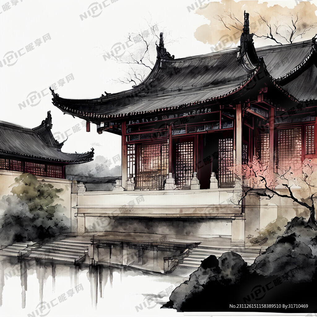 中国画风 艺术字体 古建筑