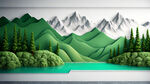 生态浮雕墙，生态优先绿色发展，山水，绿化，高山，雪山背景，河流，树木，
