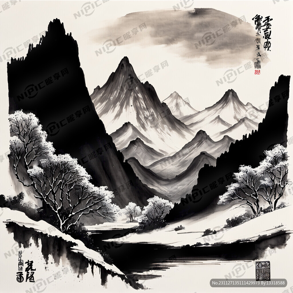 水墨风格 雪山 画面开阔