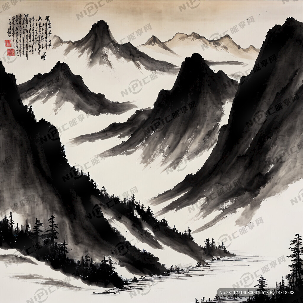 水墨风格 延绵不断雪山