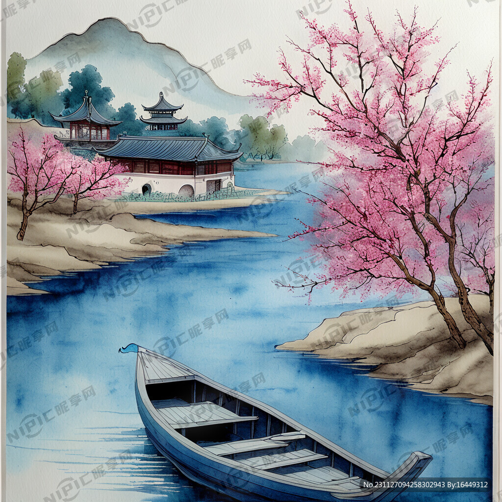 鸟 国画 蓝色 河流
