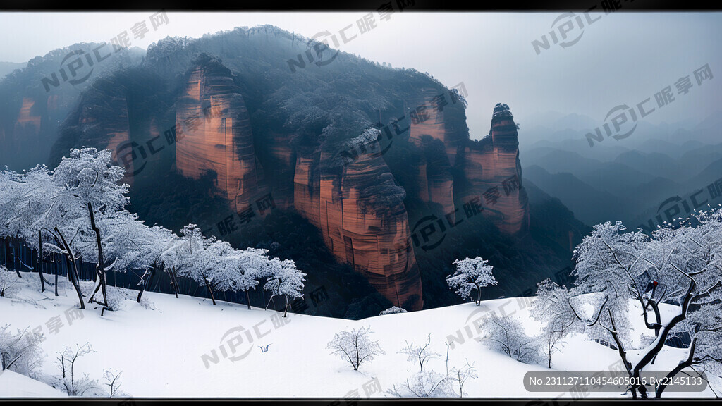 树枝上挂满雪花 丹霞峭壁林立