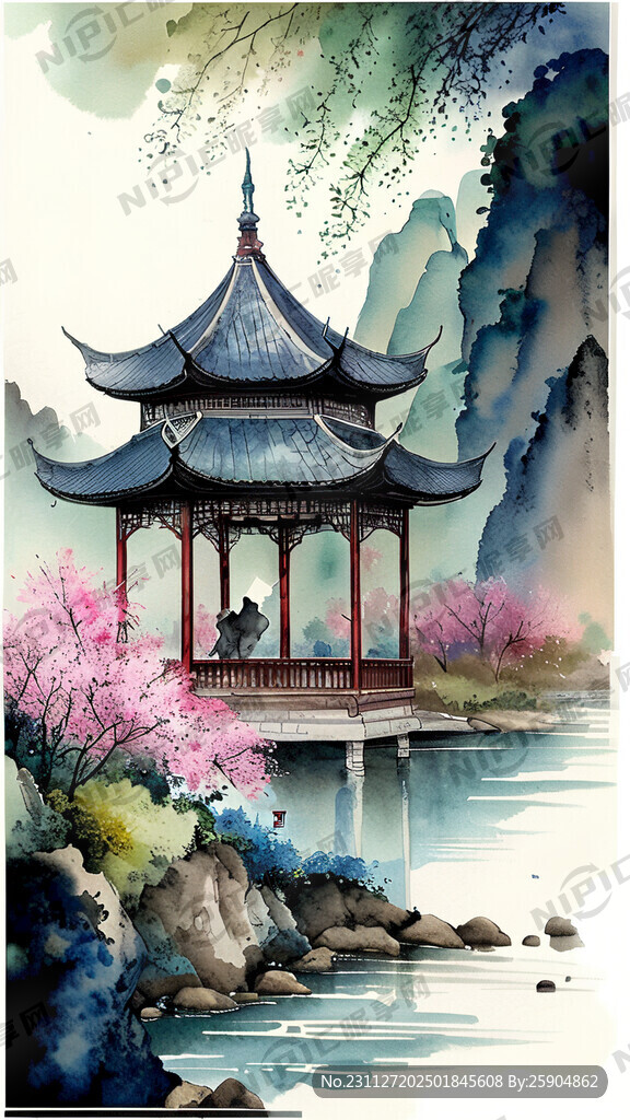 中式山水 水彩画 色彩鲜艳