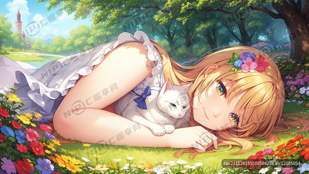 可爱的猫 躺在花丛中 特写笑脸