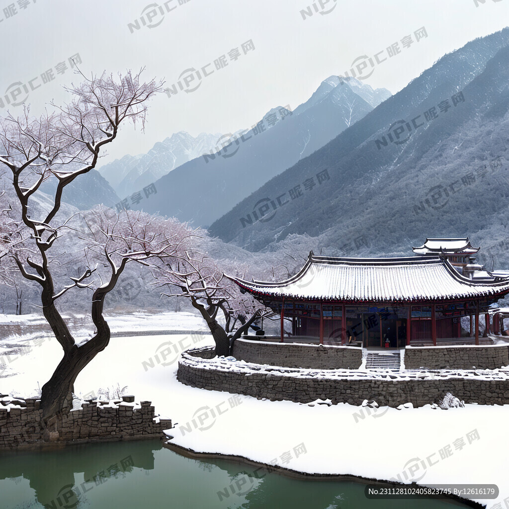 近处有少数民族建筑  有雪山