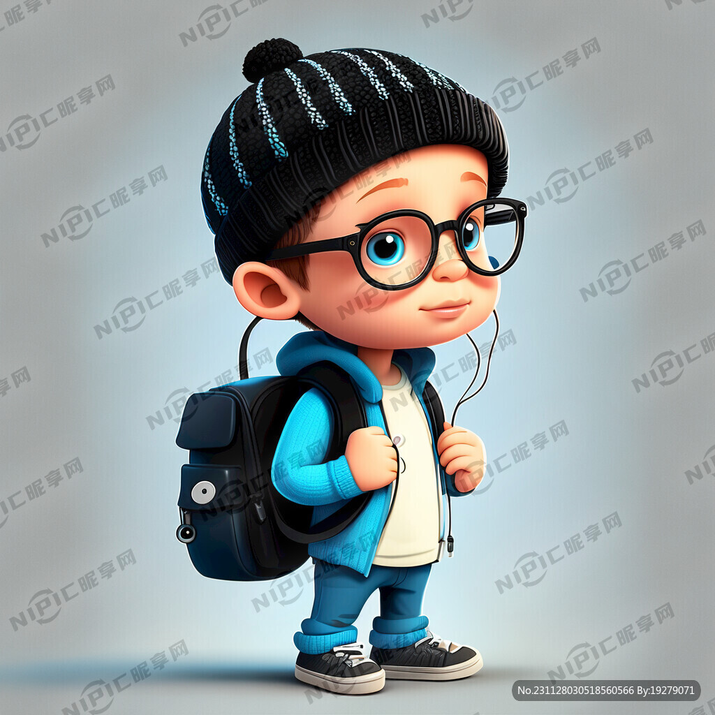 卡通小男孩戴着眼镜和黑色针织帽