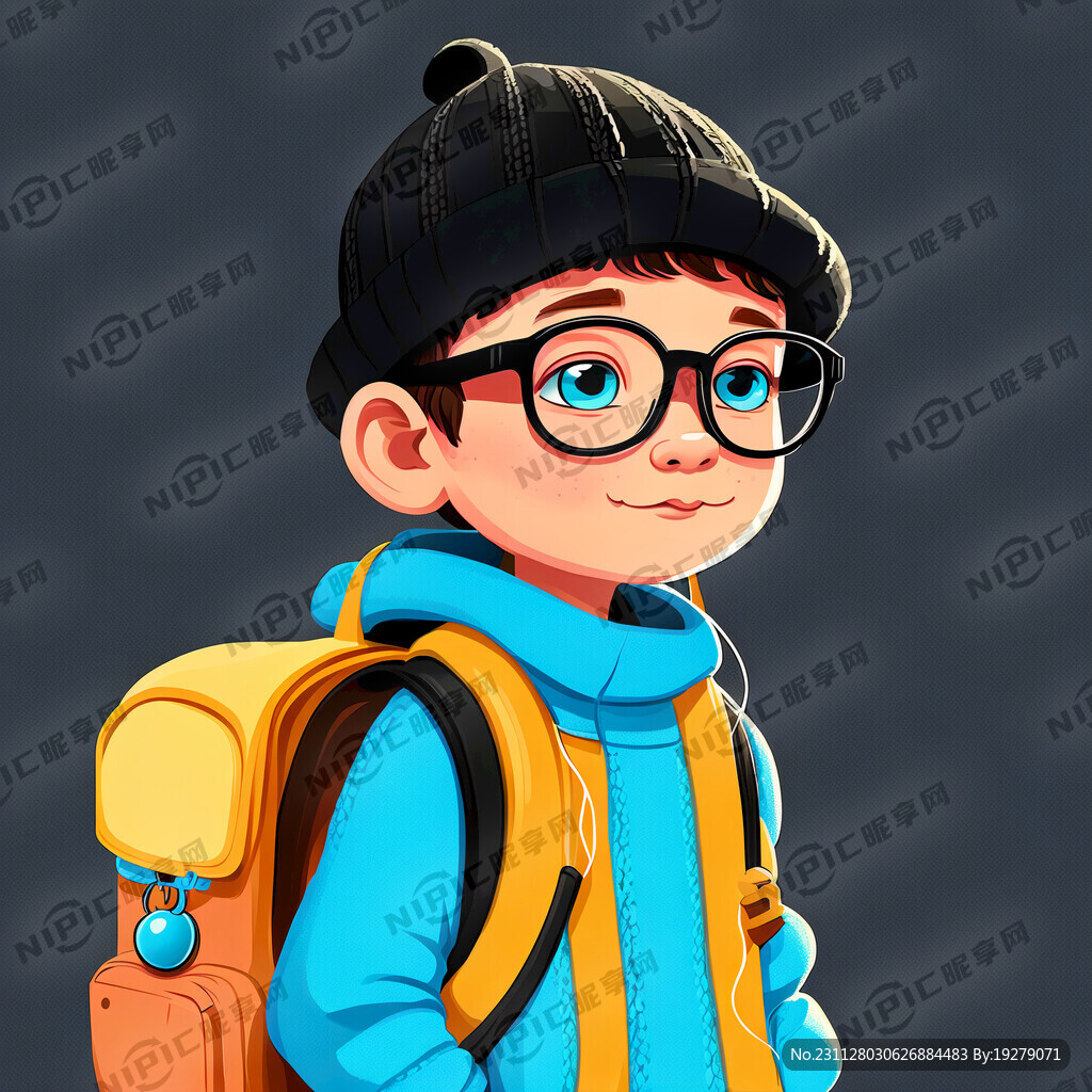 卡通小男孩戴着眼镜和黑色针织帽