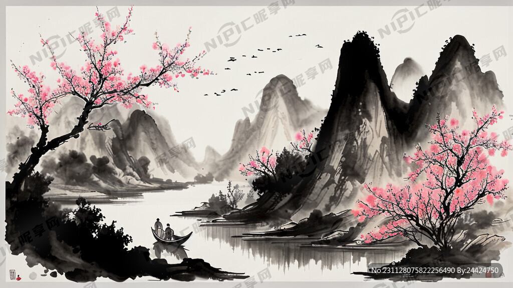水墨山水桃花小船