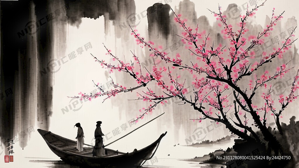 水墨桃花小船